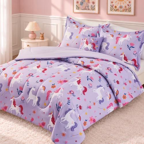 Twin Comforter Set for Girls-3 Pieces Unicorn Printed Twin Bedding Sets