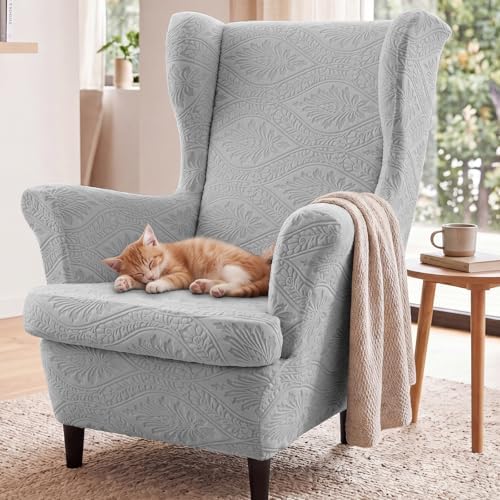 HAOYONG 2 Piece Wingback Chair Covers Stretch Wing Chair Slipcover Jacquard Wing Back Chair Covers with Arms Washable Armchair Cover Protection Furniture for Living Room and Bedroom (Light Gray)