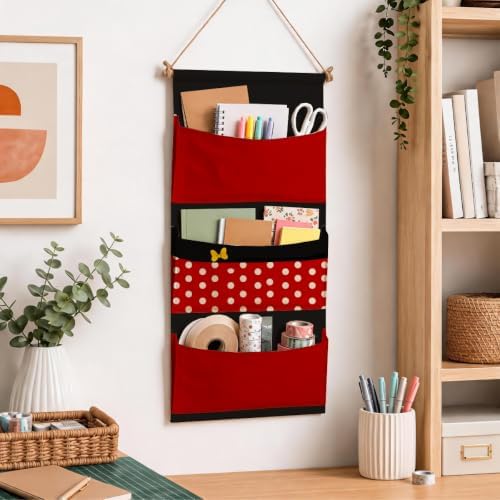 3-Pocket Hanging Wall Organizer, Useful Red Polka Dot Wall Pocket Storage