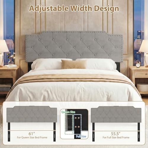 GIANTEX Headboard with Charging Station, Queen/Full Size Rivet Tufted Upholstered Head Board w/2 AC Outlets, USB & Type-C Ports, Rubber Wood Legs, Width Adjustable Modern Bed Headboard Only (Grey)