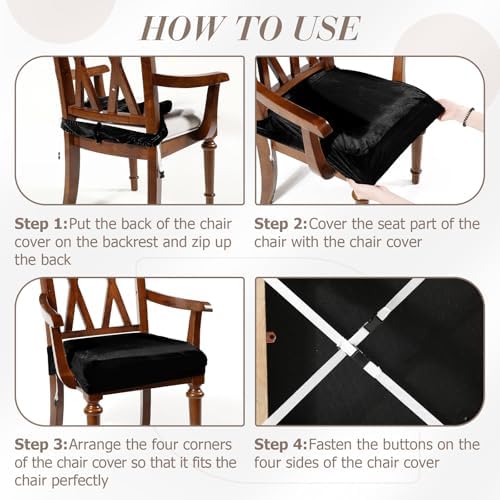 Havawish Extra Wide Dining Chair Seat Covers, Black, Velvet, 6 Pcs