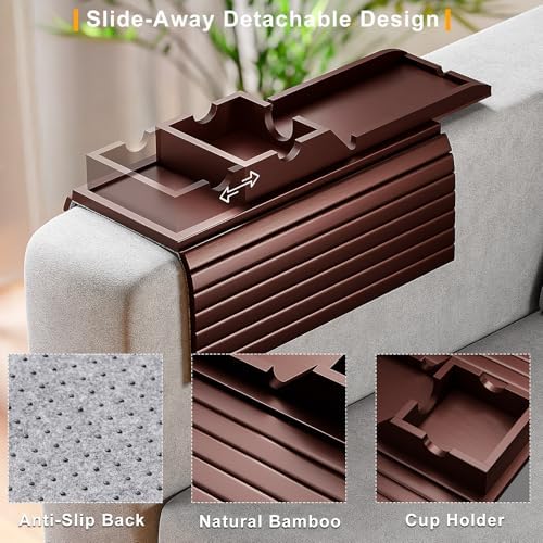 Bestjing 2 Pack Couch Armrest Table with Detachable Cup Holder Tray(Walnut)
