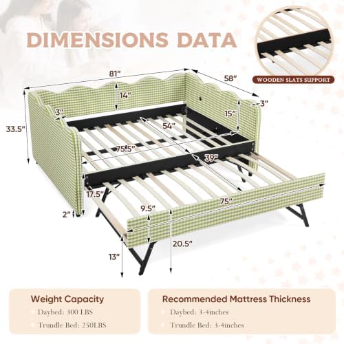 Full Size Daybed with Pop Up Trundle, Linen Gingham Full to King Daybed with USB Ports, Upholstered Day Bed Frame, Modern Sofa Bed for Living Room/Bedroom/Guest Room, No Box Spring Needed, Green
