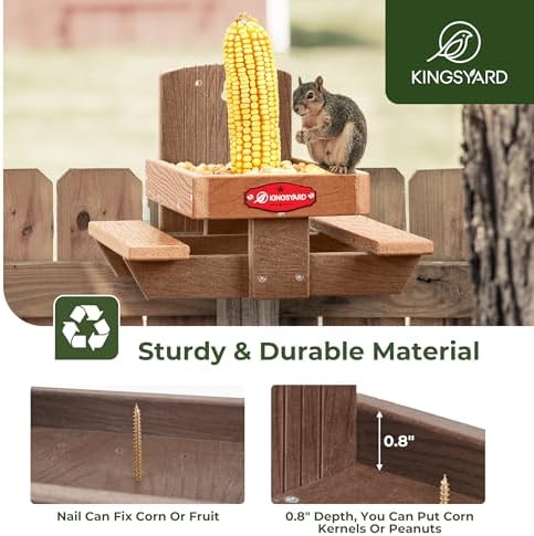 Kingsyard Squirrel Feeder Table for Outside, Recycled Plastic Squirrel & Chipmunk Picnic Table Feeder with Corn Cob Holder, 2 x Solid Structure Benches, Easy to Clean (Brown)