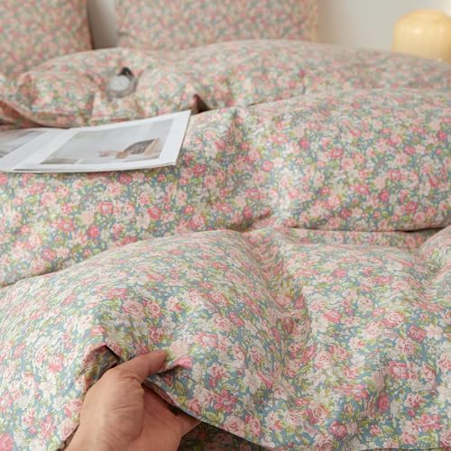 HighBuy 100% Cotton Duvet Cover Queen Size Set,Garden Floral Comforter Cover for Women Girls,Coquette Bedding Duvet Cover Set Shabby Chic Pink Floral Bedding Set Breathable Durable Luxury