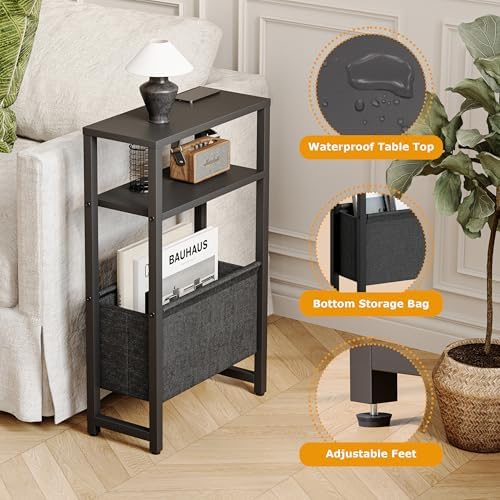 Narrow Side Table, Slim End Table with Magazine Rack, Skinny Bedside Table for Small Spaces, 3 Tier Sofa Couch Table Nightstand for Living Room, Bedroom, Black LET503B