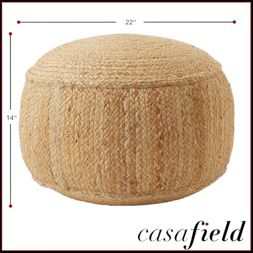 Casafield Braided Jute Pouf, Large Round Pouf Ottoman, 22" W x 22" D x 14" H Woven Jute Footrest, Decorative Indoor Boho Home Accent for Living Room