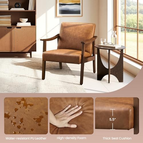 Yaheetech Accent Chairs Set of 2, Mid-Century Faux Leather Armchairs Brown