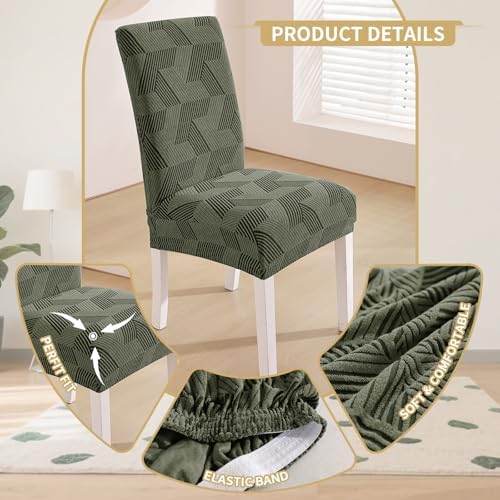 JIVINER Stretch Dining Chair Slipcovers Set of 2, Geometrical Jacquard Dining Chair Covers, Washable Kitchen Chair Covers for Dining Room, Hotel, Party, Army Green