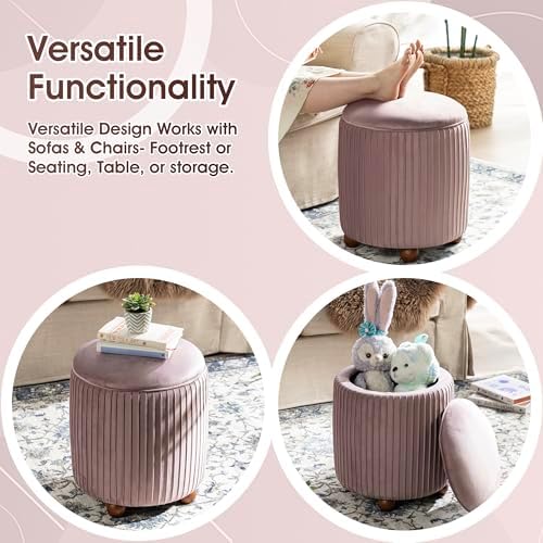 Glitzhome Round Ottoman with Storage Set of 2 Vanity Stool Foot Rest with Removable Lid Modern Upholstered Velvet Storage Ottoman Stool for Living Room and Dorm, Dusty Pink