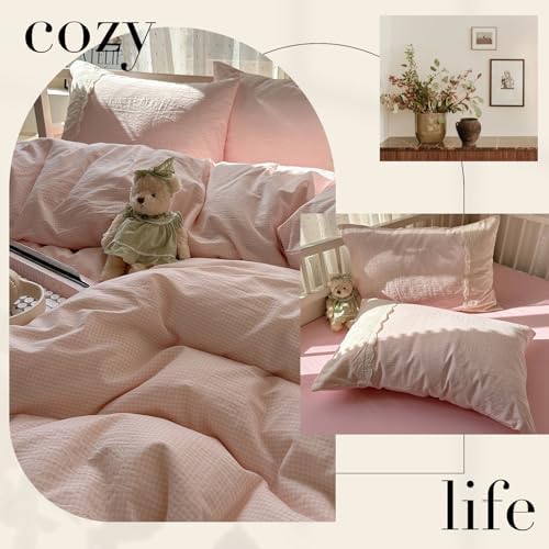 LifeTB Pink Gingham Duvet Cover Queen Size 3 Pieces Romantic Lace Duvet Cover Pink Plaid Checkered Comforter Cover with 2 Pillowcases Soft Breathable Microfiber Grid Farmhouse Plaid Bedding Set