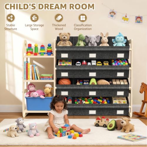 Toy Storage Organizer with 3 Shelves and 12 Bins, Bookshelf/Bookcase, Kids Bin Shelf, Toys Box for Playroom Organization for Bedroom & Room, 47.4" W