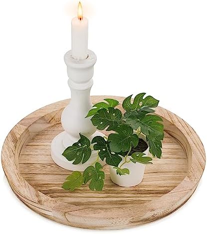 Hanobe Wooden Decortaive Coffee Table Tray, Round Candle Holder Centerpiece