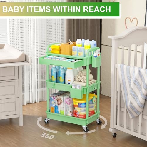 Goovilla 3 Tier Rolling Utility Cart Organizer with Removable Drawer, Green