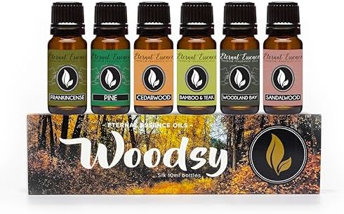 Eternal Essence Oils Woodsy Premium Fragrance Oils Set - Including Pine, Cedar Wood, Sandalwood, Bamboo & Teak, Woodland Bay and Frankincense - Rustic and Woody Scented Oils (6 Pack)