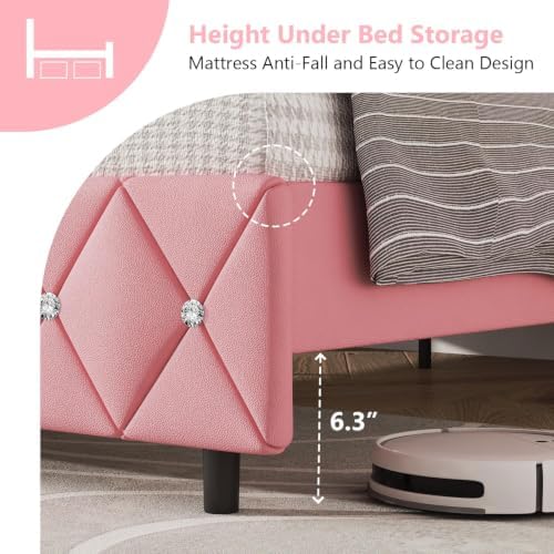 Lullabyre Full Size Bed Frame with Headboard, Faux Leather Bed with Diamond Tufted Design, Bed Frames Full with Wood Slats Support, No Box Spring Required, Easy Assembly, Pink