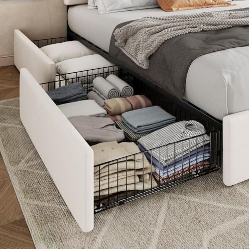 Allewie King Size Storage Bed Frame with 4 Underbed Drawers, Upholstered Platform Bed with Adjustable Headboard, Square Button Tufted, Easy Assembly, Noise-Free, No Box Spring Needed, Soft White