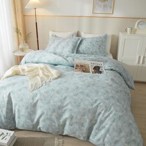 Blue Grey Flower Duvet Cover Set 100% Cotton Queen(90"x90"),White Daisy