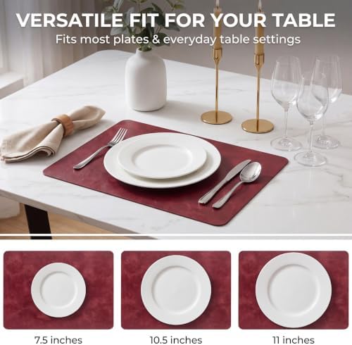 ADRIMER Fall Placemats Set of 6, Heat Resistant Faux Leather, Wine Red
