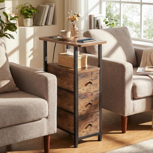 LOAKEKEL Narrow End Table with Charging Station, Small Nightstand