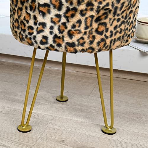 Leopard Print Round Ottoman 13"x13"x17" Faux Fur Entryway Bench Footrest Stool Accent Seating Cheetah Furry Ottoman Bedroom Vanity End of Bed for Bathroom Living Room Decor