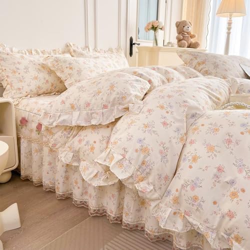 Floral Cotton Duvet Cover King Size 3 Pcs,100% Cotton Duvet Cover with 2 Pillowcases with Ruffles,Pink Rustic Aesthetic Breathable Soft Comfy Comforter Covers King 104"×90"