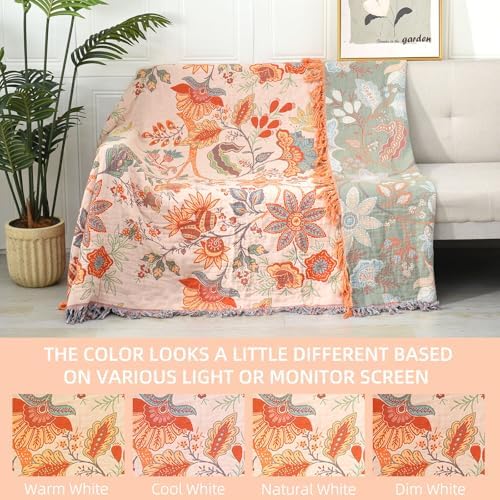 Boho Throw Blanket for Couch Bed, 100% Cotton Soft Rustic Quilt