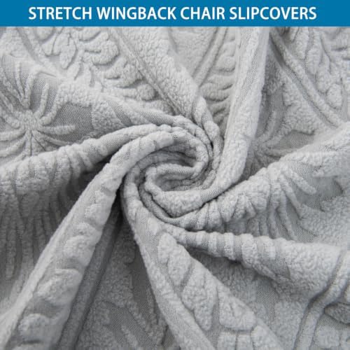 HZDHCLH Wingback Chair Slipcovers 2 Piece Stretch Spandex Chair Covers Washable Armchair Protector with Elastic Fit for Living Room Bedroom Light Gray Embossed Leaf Pattern