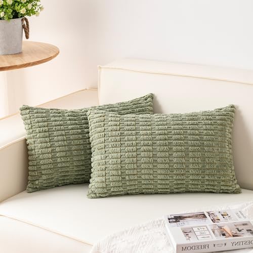 Pack of 2 Corduroy Decorative Throw Pillow Covers 12x20 Inch, Sage Green