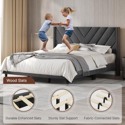 Yaheetech King Bed Frame with Chevron Channel-Tufted Headboard, Dark Gray