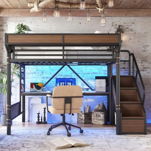 Full Size Metal Loft Bed Frame with Storage Staircase, Desk, Black