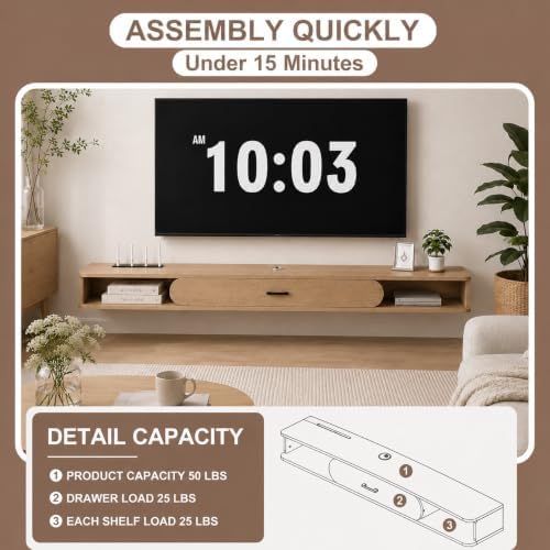 GHC Floating TV Stand, 75'' Wall Mounted TV Cabinet, Floating Shelves with Door, Media Console for DVD Player, Space-Saving Under TV Shelf for Bedroom & Living Room (Oak)