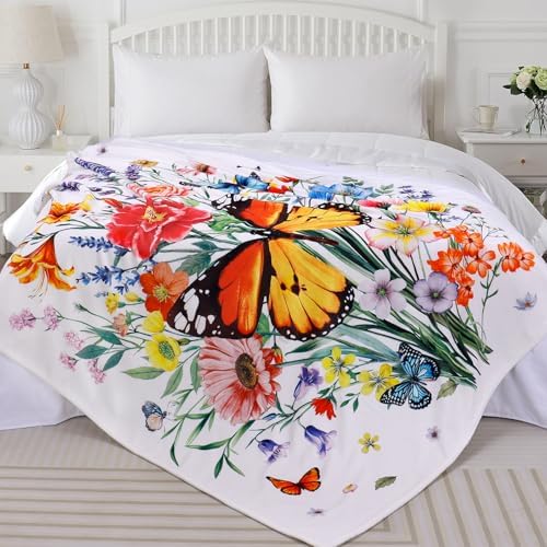 Floral Blanket Ultra Soft Butterfly Flowers Throw Blankets Wildflower Leaves Flannel Fleece Throw Watercolor Warm Cozy Fuzzy Plus Gift Cabin Blanket for Bed Sofa, 50" X 60"