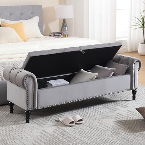 Velvet Storage Bench 67 Inch Upholstered Tufted Ottoman Bench with Arms King Size End of Bed Bench for Bedroom Living Room Entryway Light Grey
