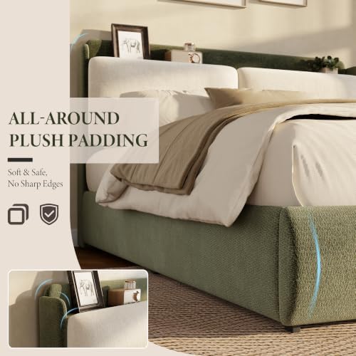 Garvee Full Upholstered Bed Frame with Recessed Shelf- Green & Beige