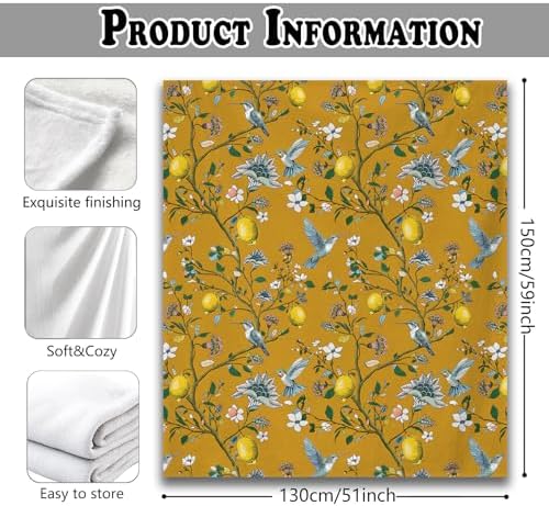 Mustard Yellow Lemon Bird Floral Throw Blanket for Couch, Cottagecore Home Decor, Chinoiserie Hummingbird Botanical Throw Blanket for Bedroom Living Room Home Decoration, 50x60 Inches