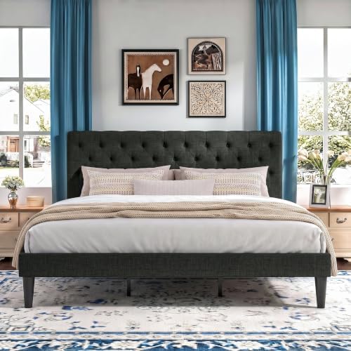 HOMBCK King Size Bed Frame, Upholstered Bed with Headboard, Dark Grey