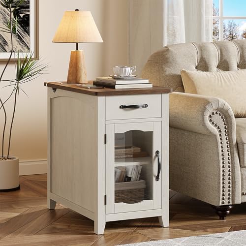 ONBRILL Rustic End Table with Charging Station, Narrow Side Table, White