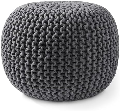 Casafield Round Pouf Ottoman, Dark Gray - 20" Diameter x 14.5" High Cotton Knit Foot Stool - Boho Floor Pouffe for Living Room, Bedroom, Home Office