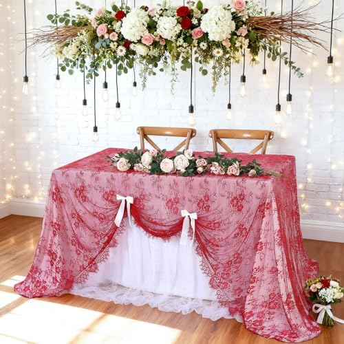 LuoluoHouse Red Lace Tablecloth 6pcs Rose Floral Table Fabric 60x120 Inch