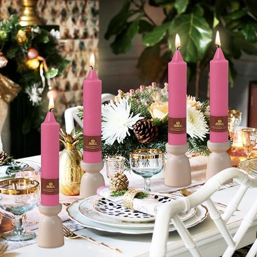NJAO HOO Hot Pink Short Taper Candle 7 Inch Candlesticks Unscented Dripless Tapered Candle Set for Home Decor Wedding Party Dinner Candles, 4 Pack