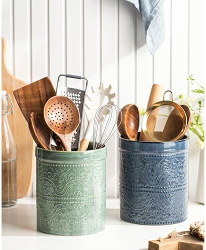 Kitchen Utensil Holder, 7 Inches Large Ceramic Utensil Holder for Countertop, Lace Emboss Cooking Utensil Crocks for Kitchen, Home Decor, Forest Green