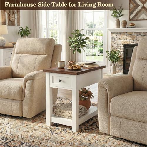 Farmhouse Narrow End Table Set of 2 with Charging Station, 13.8" Wide