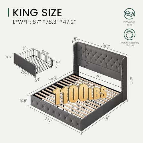 LARMACE Upholstered King Size Bed Frame with 4 Storage Drawers and 47.2" Tall Wingback Headboard Tufted Platform Bed Frame Linen Beds with Wooden Slats Support, Easy Assembly, Light Grey