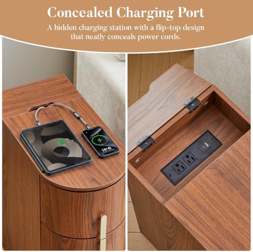 11.8" Narrow Nightstand with Charging Station, Small Bedside Table with 3 Drawers, Modern Skinny End Table for Living Room, Bedroom, Walnut
