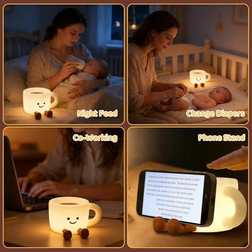 Coffee Cup Night Light, 3 Level Dimmable 30 Timer 7 Colors Nightlight Cute Lamps Silicone Squishy Light USB Rechargeable Bedside Touch Lamp for Baby Desk Dorm Decor Birthday Gift