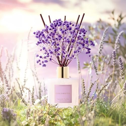 COCORRÍNA Reed Diffuser - Lavender Garden 6.7 Fl.oz Reed Diffuser Set with Sticks & Preserved Baby's Breath, Reed Diffuser for Home Bathroom Shelf Decor