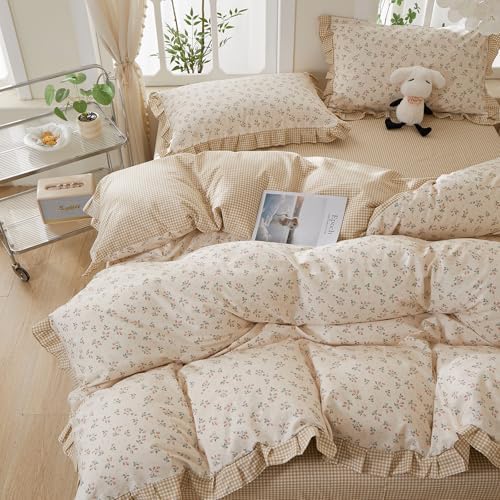 mixinni Beige Floral Duvet Cover Twin Size, 100% Cotton Cute Strawberry Floral Ruffle Bedding Set, Vintage Cottagecore Reversible Tan Gingham Aesthetic 3PC with Zipper Closure & Pillowcases