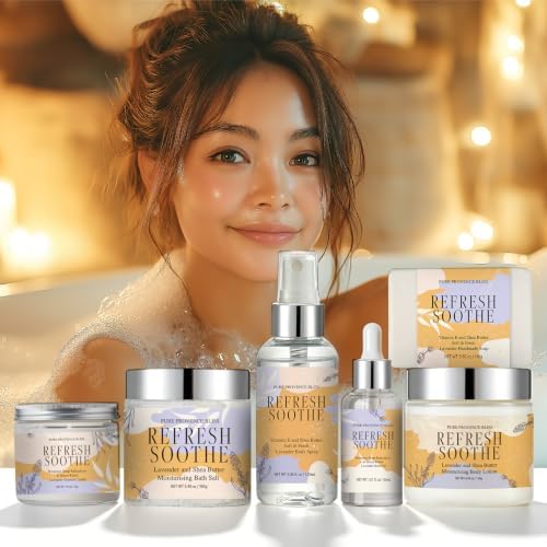 Spa Gift Set for Women, 6Pcs Lavender Bath Gift Set Home Spa Kit with Bath Salts Body Butter Shower Gel Essential Oil Candle Soap Self Care Gifts for Her Birthday Mother's Day Christmas
