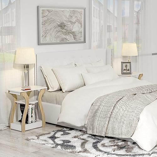 FROMJBEST End Tables Living Room Set of 2 with Charging Station, White&Oak